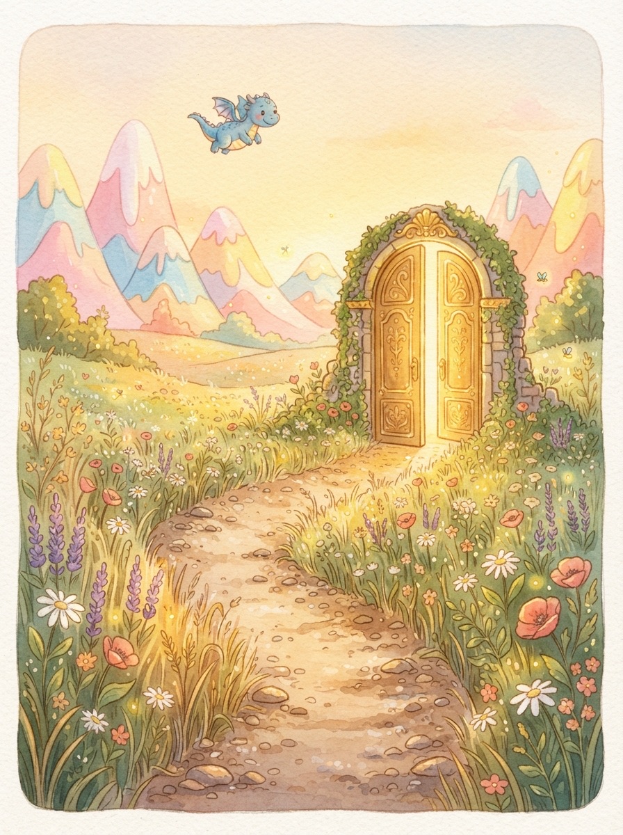 A golden door standing open in a sunlit watercolor meadow